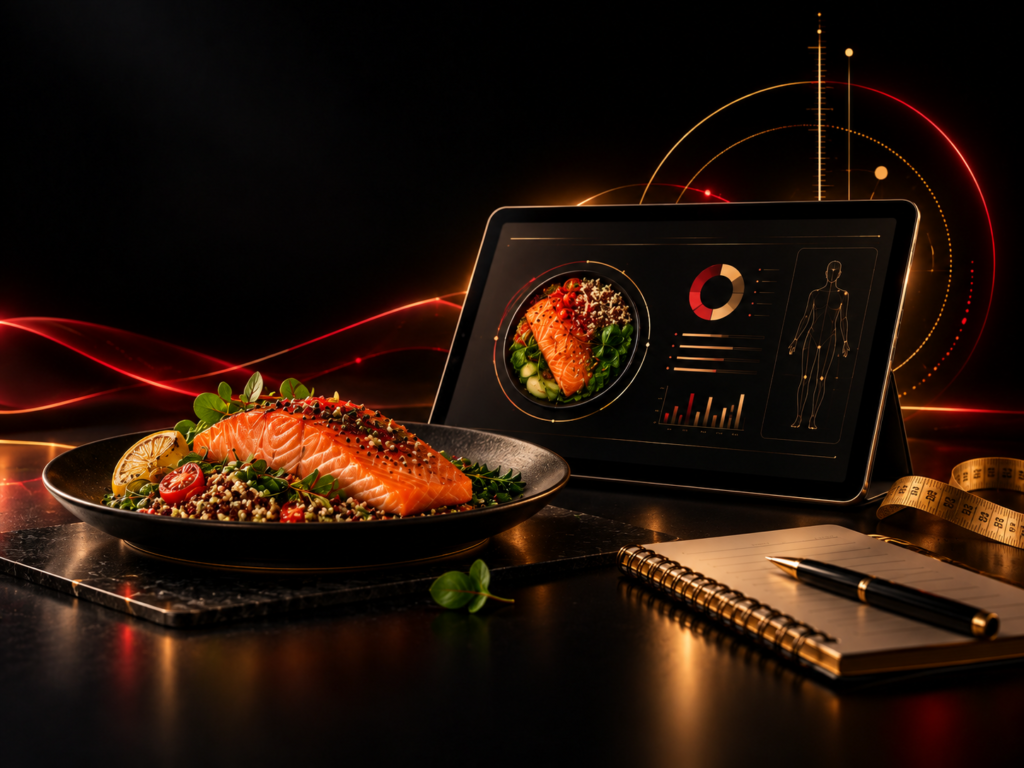 Piatto salutare con salmone e verdure accanto a un tablet con dashboard nutrizionale, su sfondo nero con dettagli rossi e oro